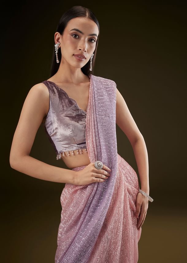 Purple Ombre Ready Draped Sequin Saree With Fancy Blouse Purple Ombre Ready Draped Sequin Saree With Fancy Blouse