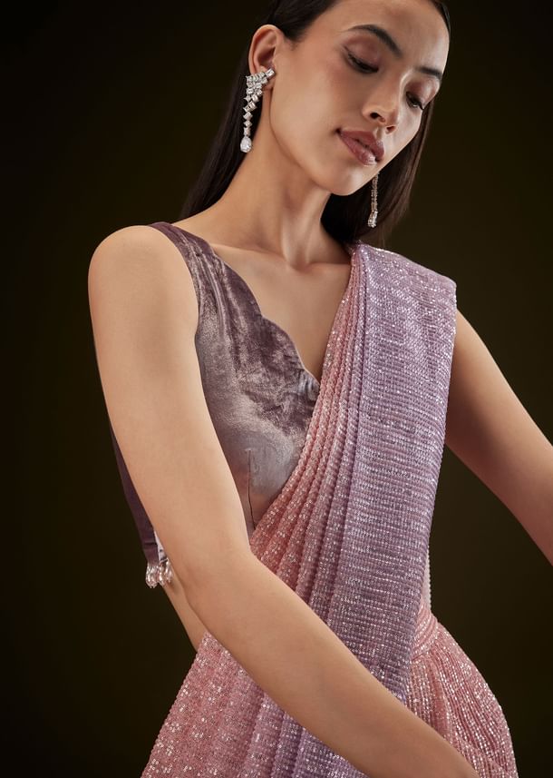 Purple Ombre Ready Draped Sequin Saree With Fancy Blouse Purple Ombre Ready Draped Sequin Saree With Fancy Blouse