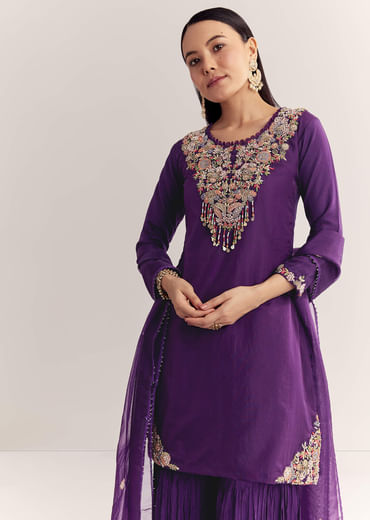 Purple Organza Embroidered Kurta Set With Dupatta