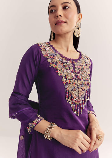 Purple Organza Embroidered Kurta Set With Dupatta