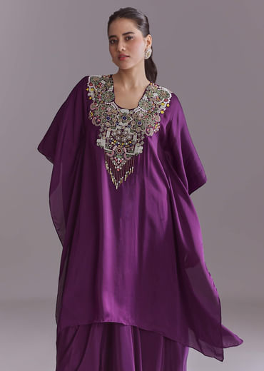 Purple Organza Kaftan Top And Drape Skirt Set With Thread Work