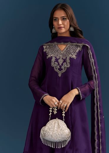 Purple Organza Kurta Set With Embroidery And Dupatta