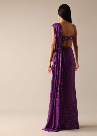 Purple Pre- Pleated Saree with Embroidered Blouse
