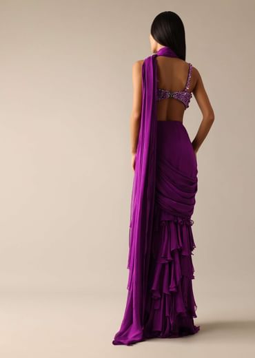 Purple Pre-Draped Layered Frill Saree with Embroidered Blouse - DEME X KALKI