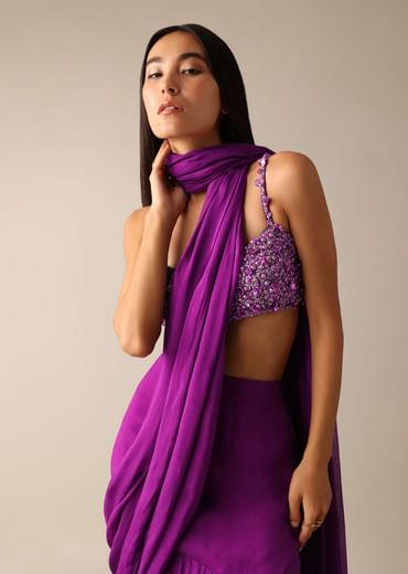 Purple Pre-Draped Layered Frill Saree with Embroidered Blouse - DEME X KALKI
