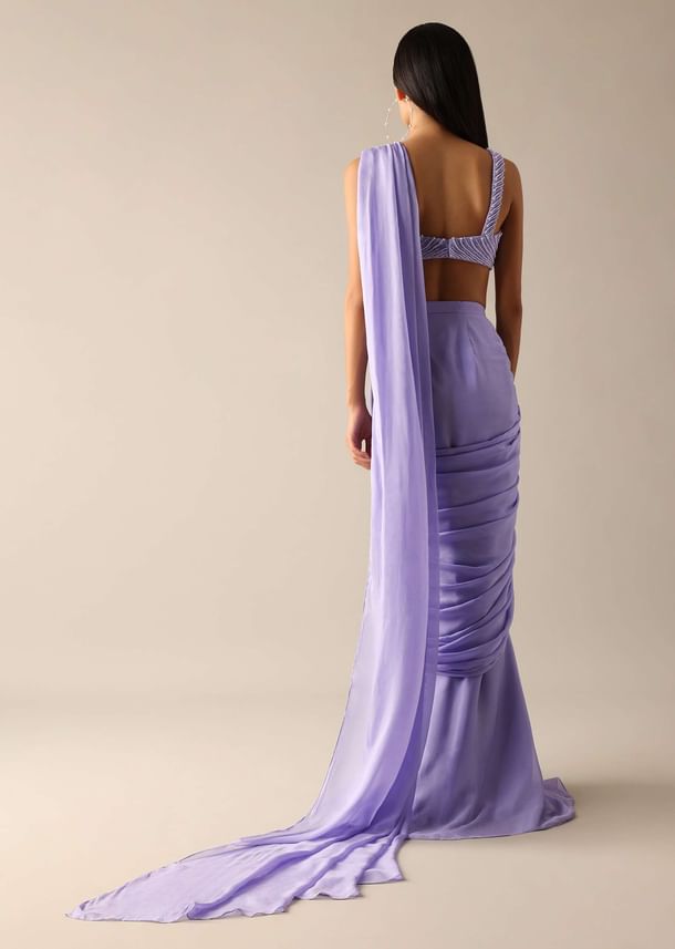 Purple Pre Pleated Saree with Pearl Embroidered Blouse Purple Pre Pleated Saree with Pearl Embroidered Blouse