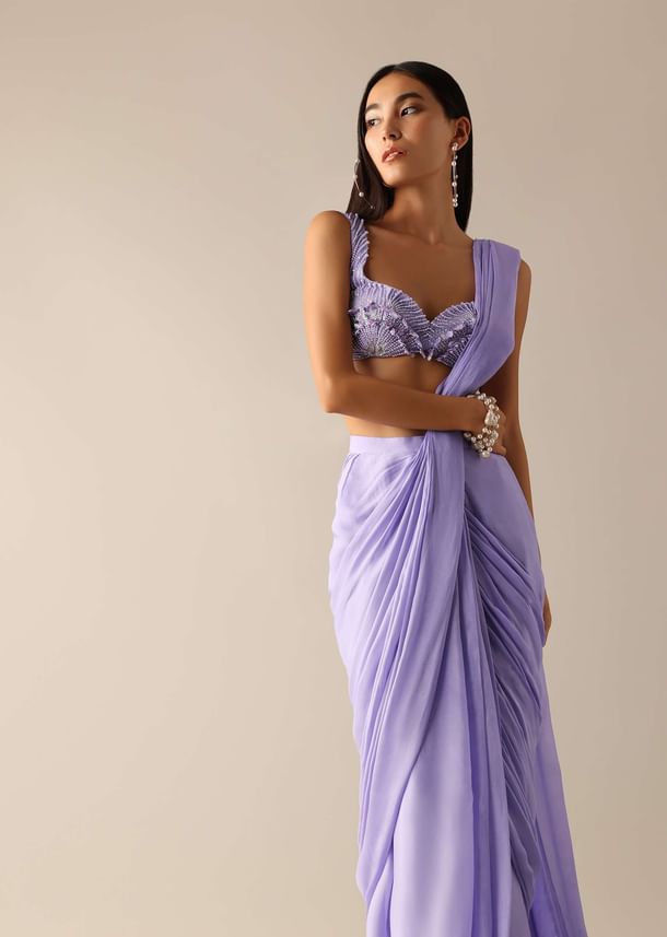Purple Pre Pleated Saree with Pearl Embroidered Blouse Purple Pre Pleated Saree with Pearl Embroidered Blouse