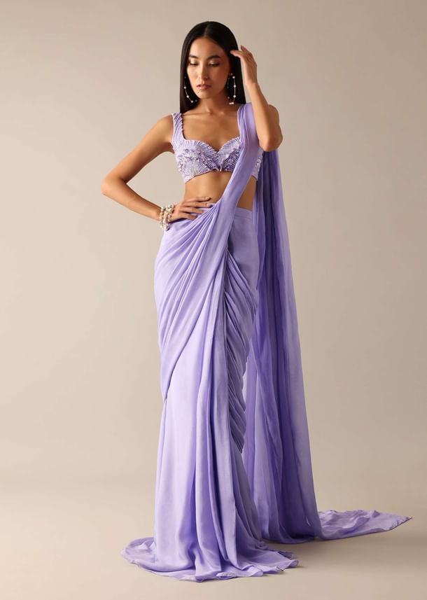 Purple Pre Pleated Saree with Pearl Embroidered Blouse Purple Pre Pleated Saree with Pearl Embroidered Blouse