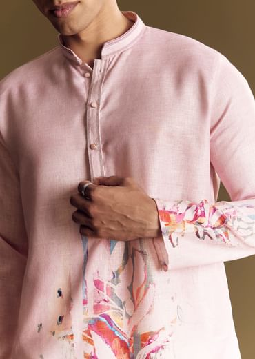 Purple Printed Linen Kurta Set With Mandarin Collar