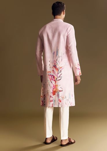 Purple Printed Linen Kurta Set With Mandarin Collar