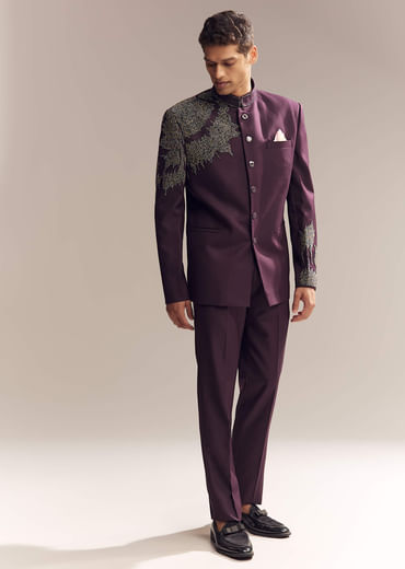 Purple Rayon Jodhpuri Suit For Men With Bead Embroidery