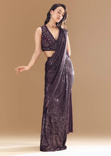 Purple Ready Pleated Shimmer Net Saree with Blouse