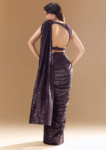 Purple Ready Pleated Shimmer Net Saree with Blouse