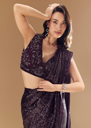 Purple Ready Pleated Shimmer Net Saree with Blouse
