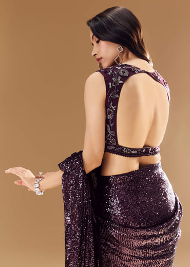Purple Ready Pleated Shimmer Net Saree with Blouse