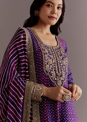 Purple Russian Silk Bandhani Anarkali Suit With Leheriya Dupatta