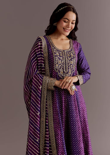 Purple Russian Silk Bandhani Anarkali Suit With Leheriya Dupatta