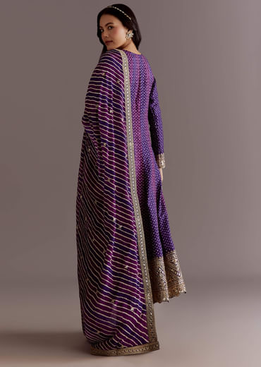 Purple Russian Silk Bandhani Anarkali Suit With Leheriya Dupatta