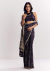 Purple Satin Ajrakh Printed Saree With Gota And Mirror Embroidery