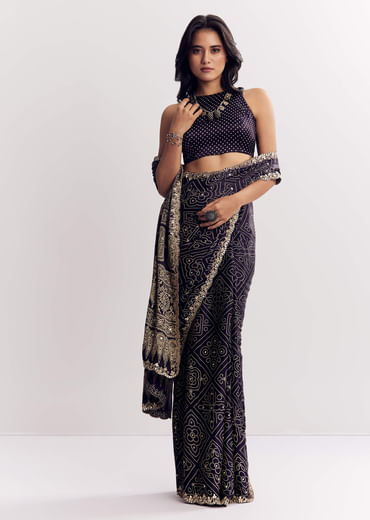 Purple Satin Ajrakh Printed Saree With Gota And Mirror Embroidery