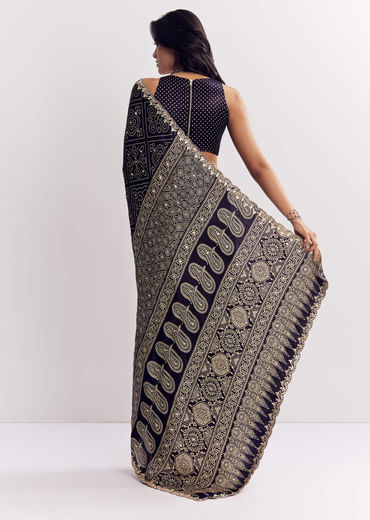 Purple Satin Ajrakh Printed Saree With Gota And Mirror Embroidery