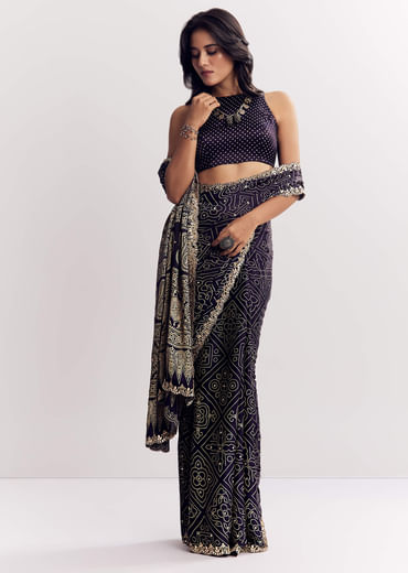 Purple Satin Ajrakh Printed Saree With Gota And Mirror Embroidery