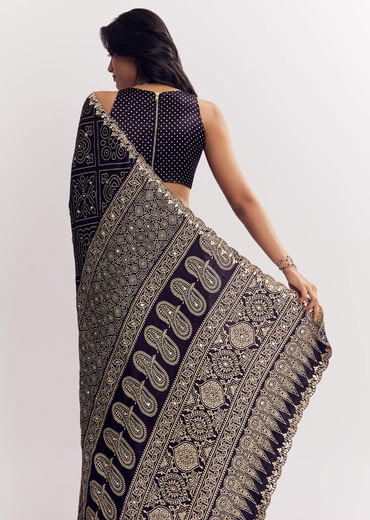 Purple Satin Ajrakh Printed Saree With Gota And Mirror Embroidery