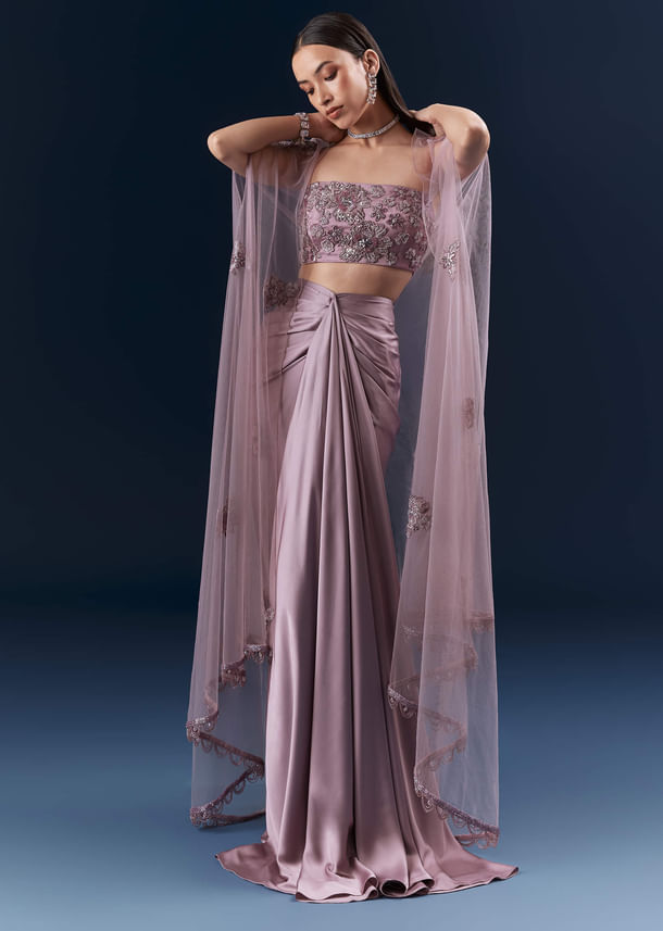 Purple Satin Crop Top And Drape Skirt Set With Lace Work Purple Satin Crop Top And Drape Skirt Set With Lace Work