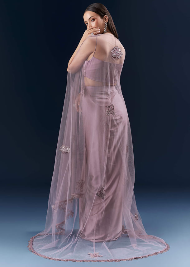 Purple Satin Crop Top And Drape Skirt Set With Lace Work Purple Satin Crop Top And Drape Skirt Set With Lace Work