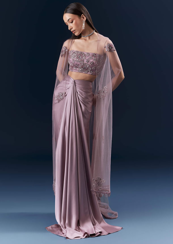 Purple Satin Crop Top And Drape Skirt Set With Lace Work Purple Satin Crop Top And Drape Skirt Set With Lace Work