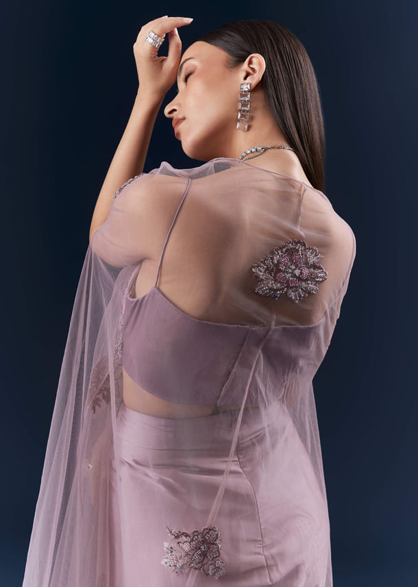 Purple Satin Crop Top And Drape Skirt Set With Lace Work Purple Satin Crop Top And Drape Skirt Set With Lace Work