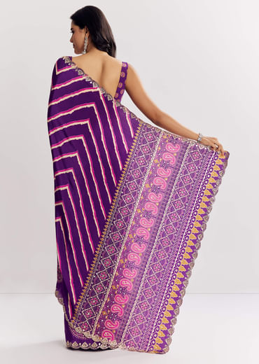 Purple Satin Saree With Gota And Mirror Embroidery