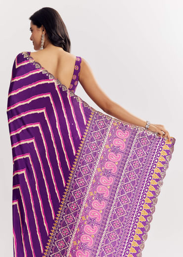 Purple Satin Saree With Gota And Mirror Embroidery