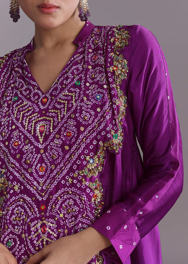 Purple Silk Co-Ord Set With Traditional Bandhani And Leheriya Print