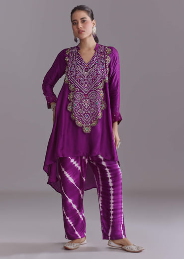 Purple Silk Co-Ord Set With Traditional Bandhani And Leheriya Print