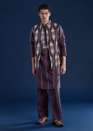 Purple Silk Jacket Kurta Set with Dori Work