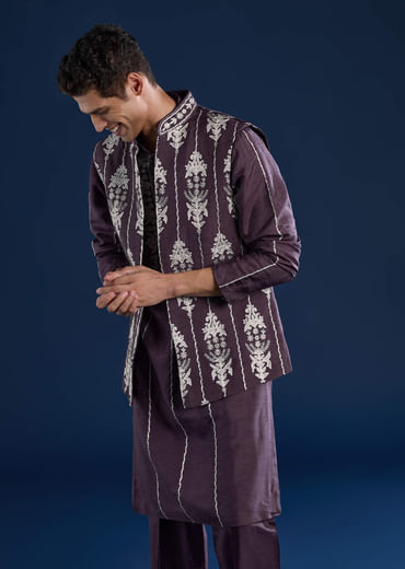 Purple Silk Jacket Kurta Set with Dori Work
