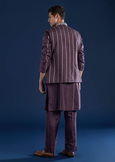 Purple Silk Jacket Kurta Set with Dori Work