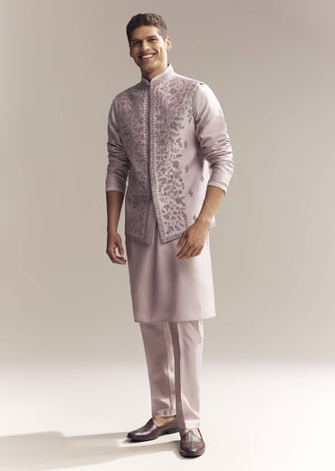 Purple Silk Kurta Jacket Set For Men With Heavy Embroidery