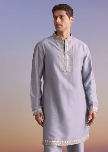 Purple Silk Kurta Jacket Set For Men With Mirror Zari And Resham Work