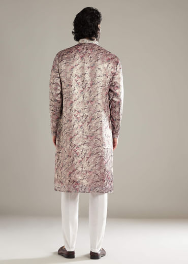 Purple Silk Kurta Set For Men With Floral Print Mirror And Resham Work