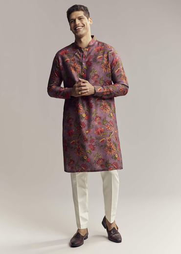 Purple Silk Kurta Set For Men With Floral Print