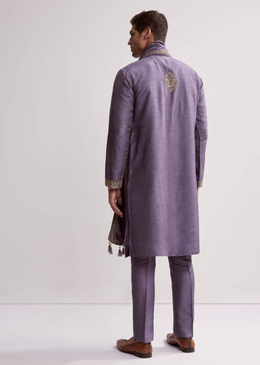 Purple Silk Kurta Set For Men With Hand Embroidery