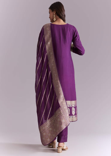 Purple Silk Kurta Set With Banarasi Weave