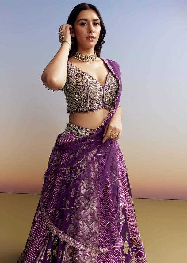 Purple Silk Lehenga with Embellished Choli