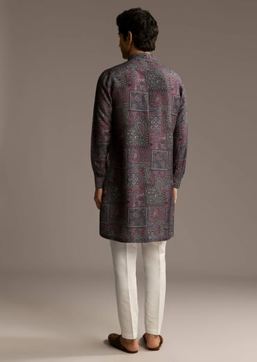 Purple Silk Printed Designer Kurta For Men