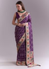 Purple Silk Saree With Zari Border And Multicolour Motifs