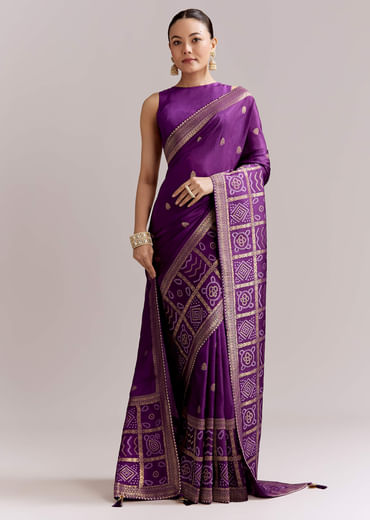 Purple Silk Woven Bandhani Saree With Zari Borders