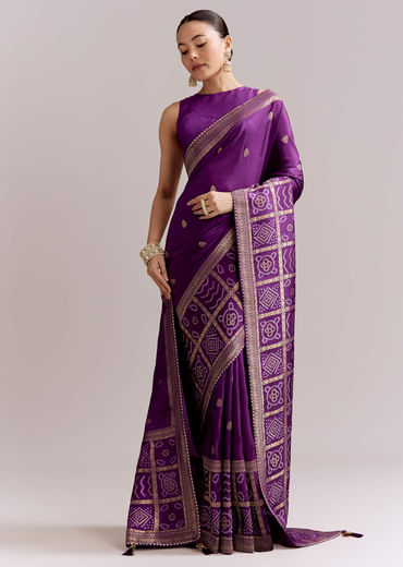 Purple Silk Woven Bandhani Saree With Zari Borders