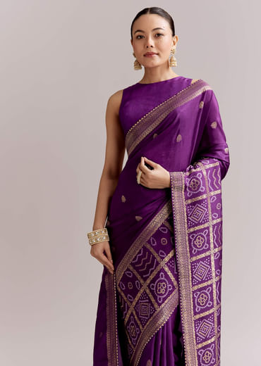 Purple Silk Woven Bandhani Saree With Zari Borders